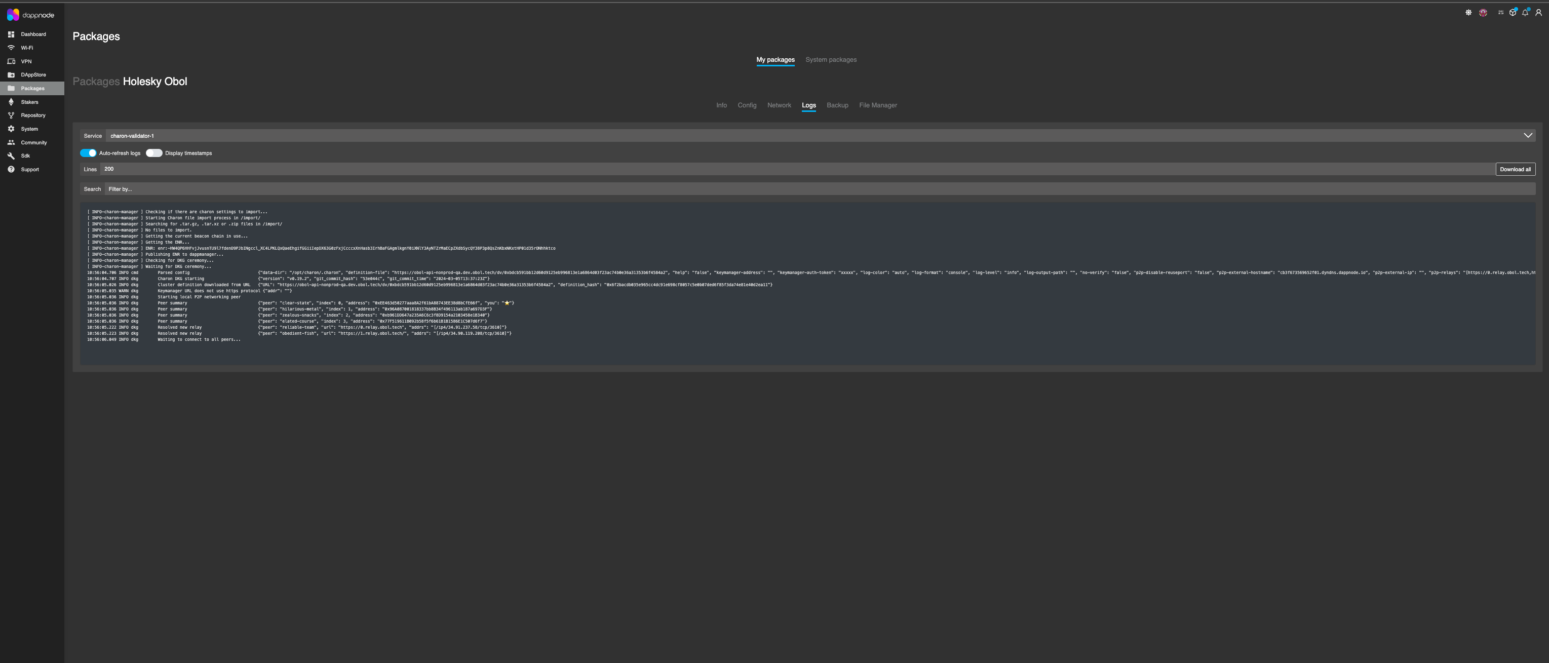 Screenshot: The node is now ready and will attempt to complete the DKG. You can monitor the DKG progress via the 'Logs' tab of the package. Once all clients in the cluster can establish a…