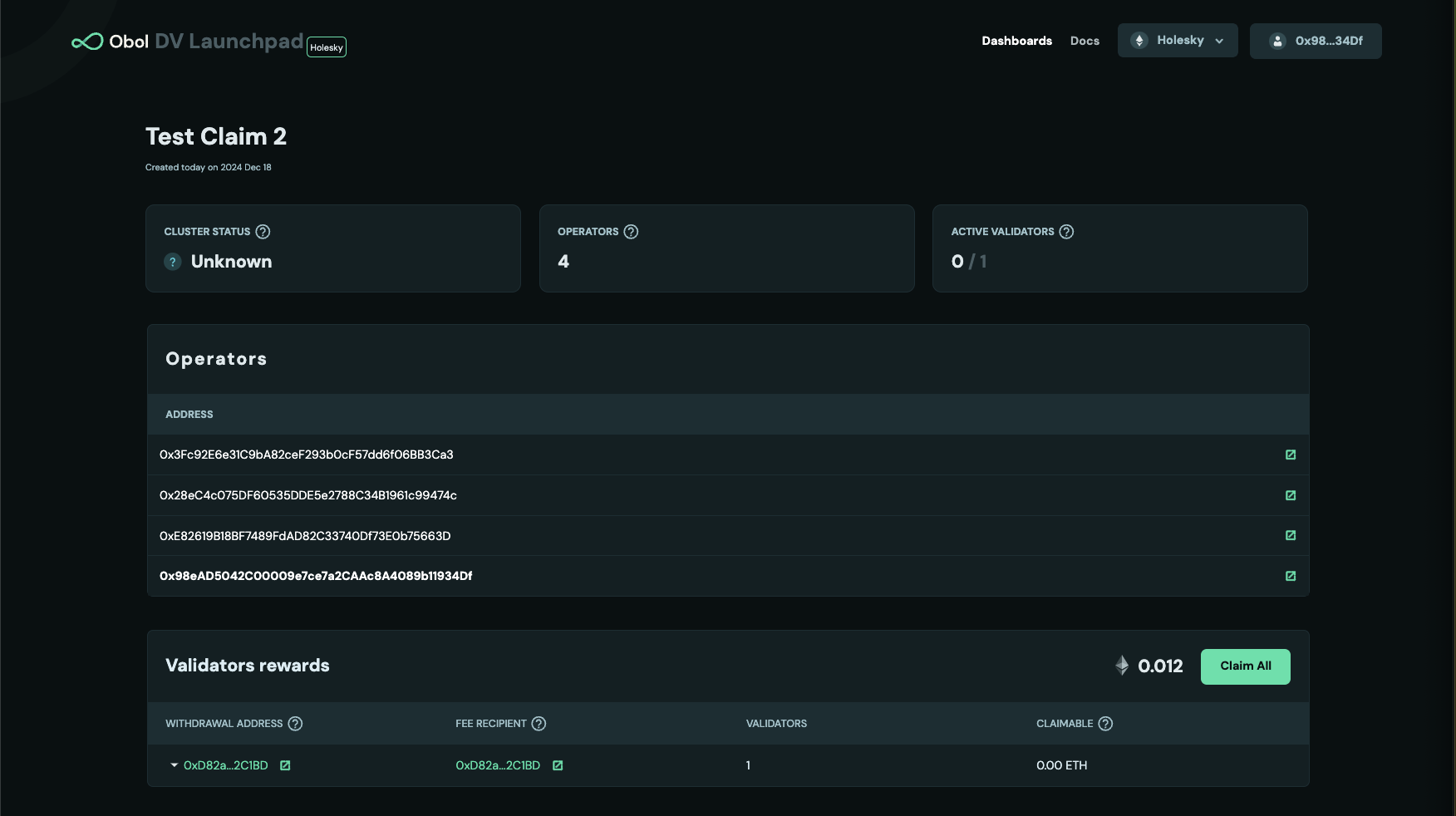 Screenshot: If your cluster has multiple OWRs (one per validator), you will see a separate Distribute button for each OWR. You need to distribute from each OWR individually before claimingβ¦