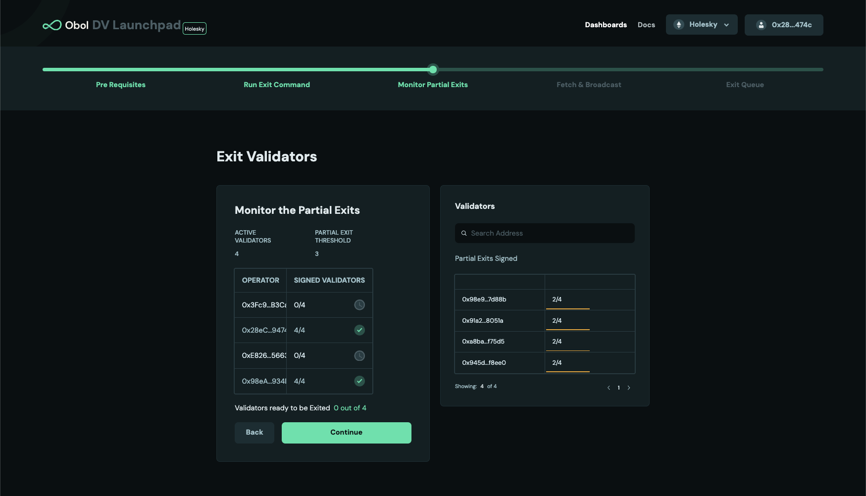 Screenshot: After a threshold of signed partial exits from node operators in the cluster is accumulated, a full (complete) exit can be created. For example, in the cluster below, only 2 out…