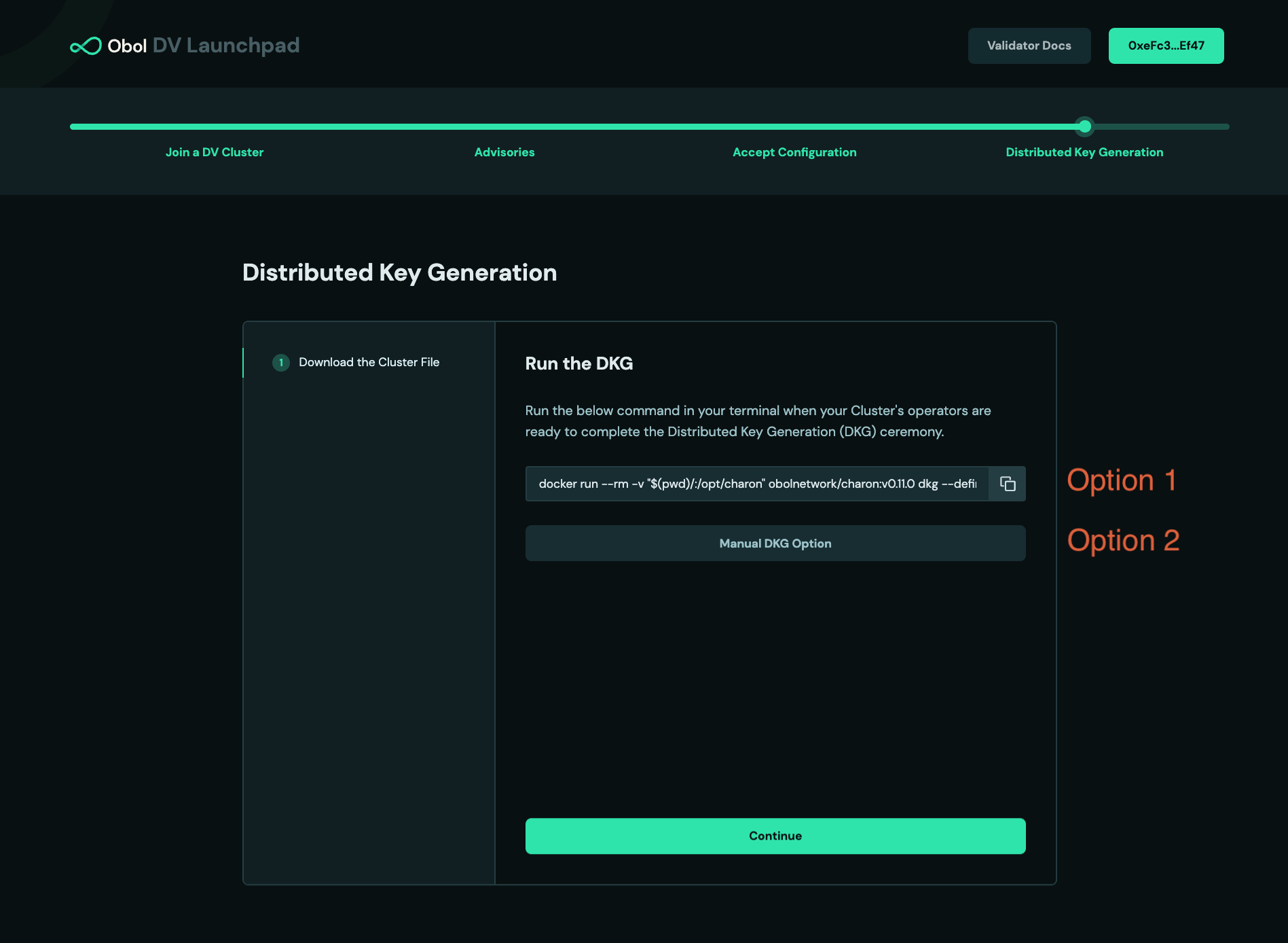 Screenshot: Copy and run the docker command on the screen into your terminal. It will retrieve the remote cluster details and begin the DKG process.