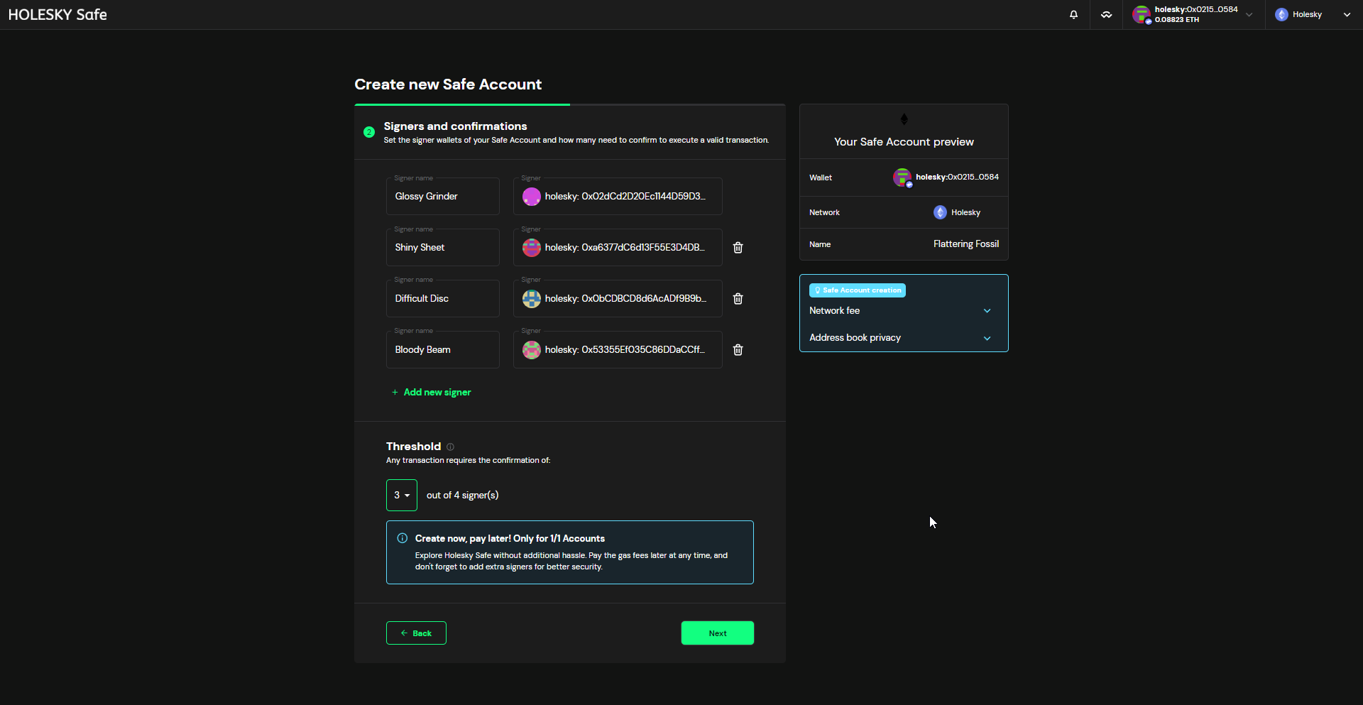 Screenshot: Don't require 100% of signers to approve transactions, in case someone loses access to their address. Using the same threshold as your cluster will use is a reasonable starting…