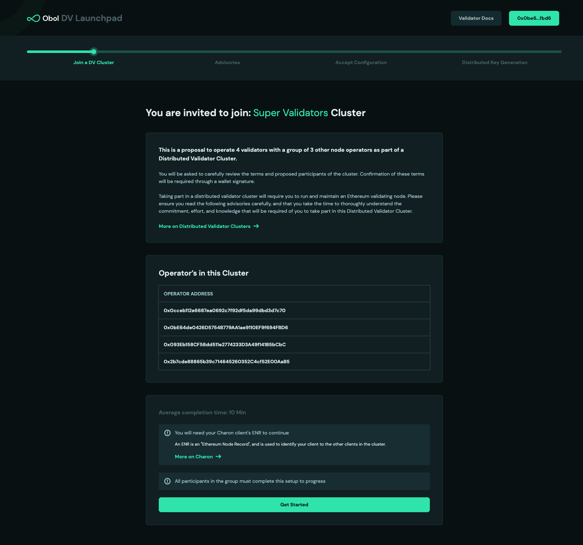 Screenshot: Review the operators addresses submitted and click Get Started to continue.